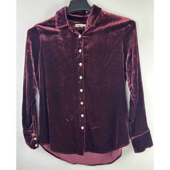 *Flaw Faherty Stretch Silk Blend Velvet Genevieve Shirt Button Up Burgundy Small - Picture 11 of 11